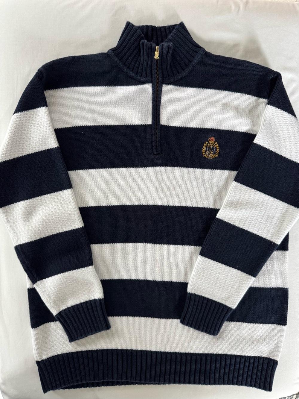 Ralph Lauren Classic, Vintage Navy & Cream Striped Quarter-Zip Sweater